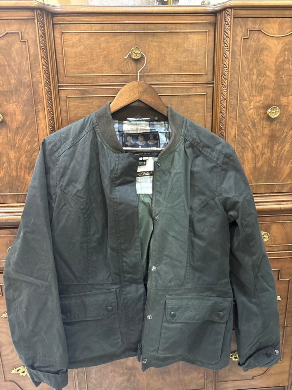 Barbour Women's Waxed Bomber Jacket - Olive, Size 8, Tartan Lining